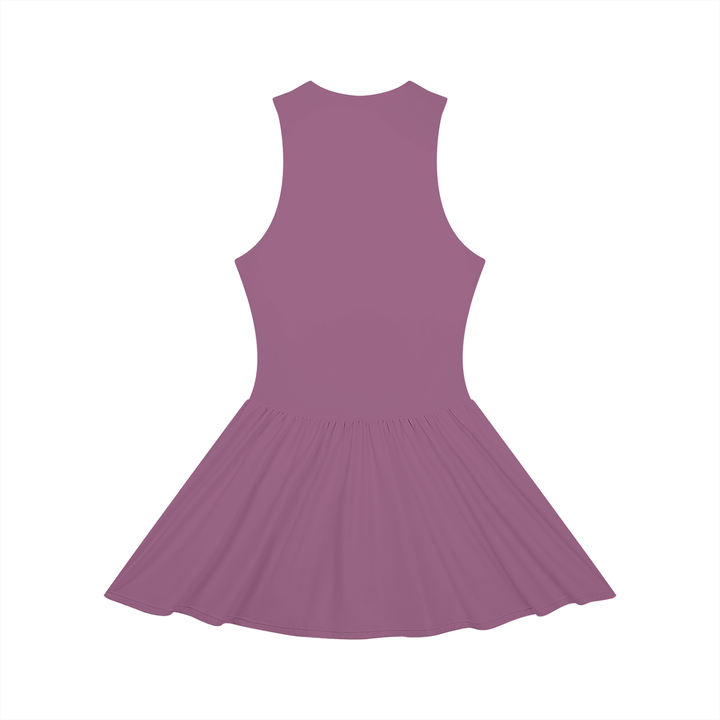 Wing Logo Ruched Zip Front Dress — Mauve in Dark Purple, back view.