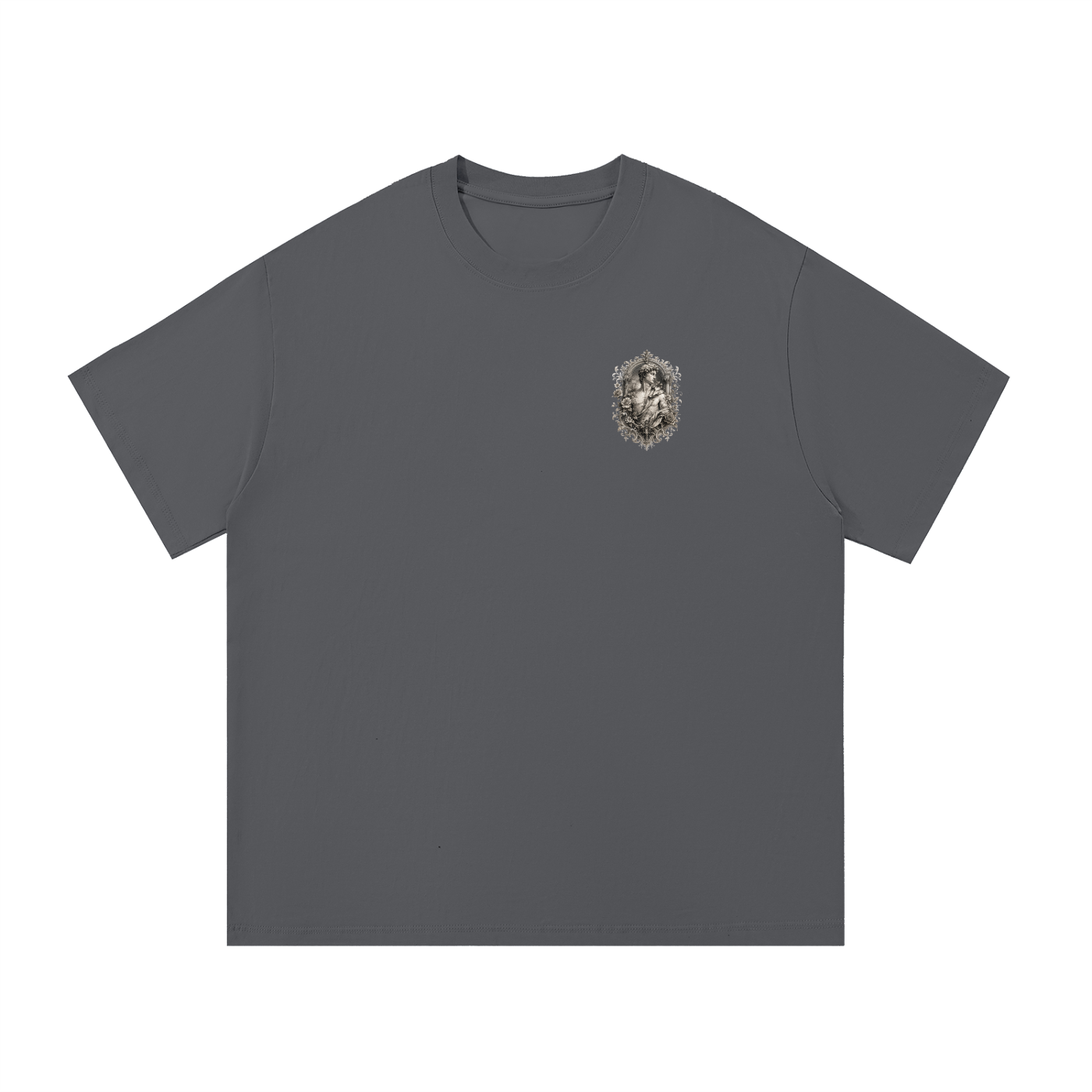 Baroque Statue Crest Left-Chest Cotton Tee in Dark Gray, flat lay.