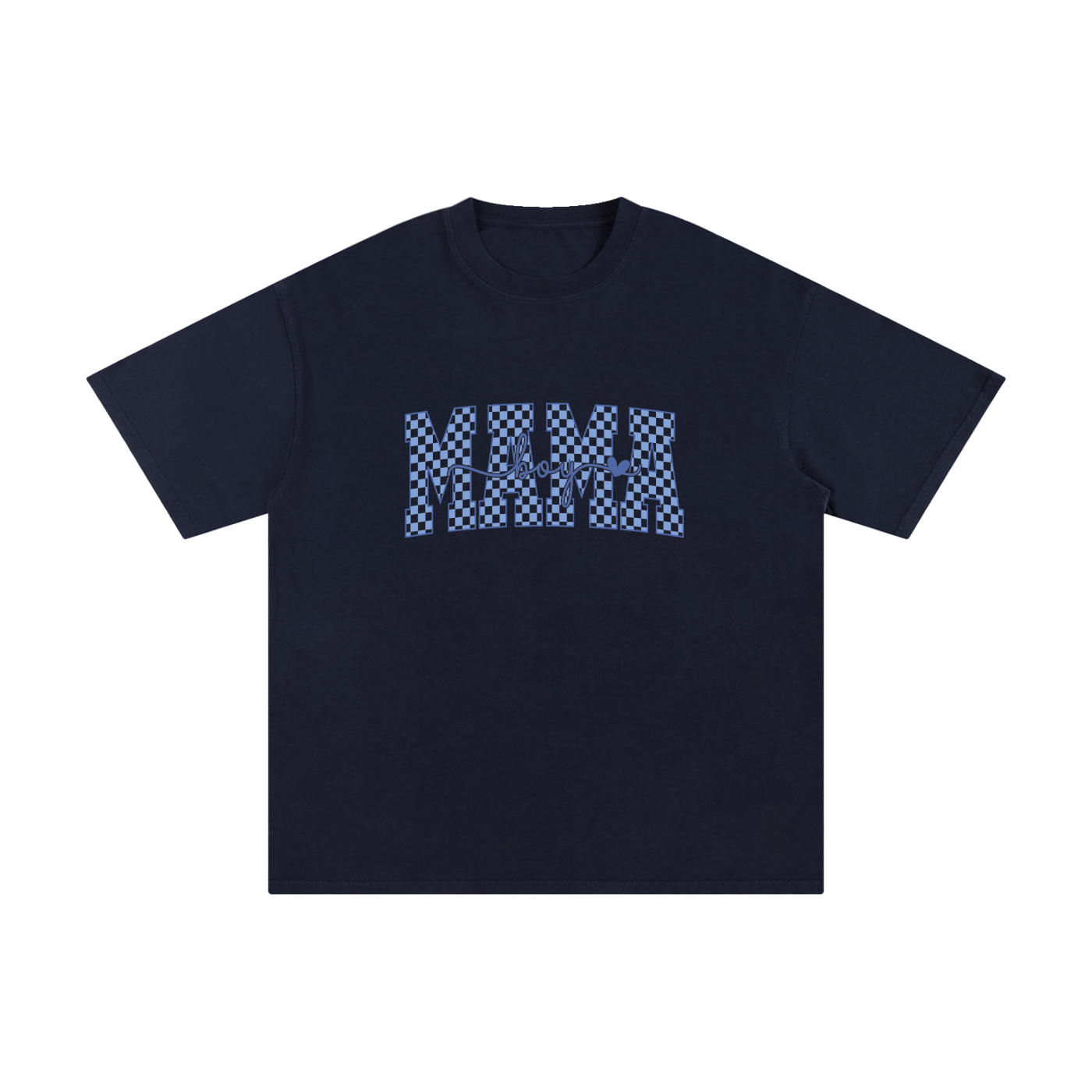 Mama Checkerboard Retro Typography Tee in Navy Blue, flat lay.
