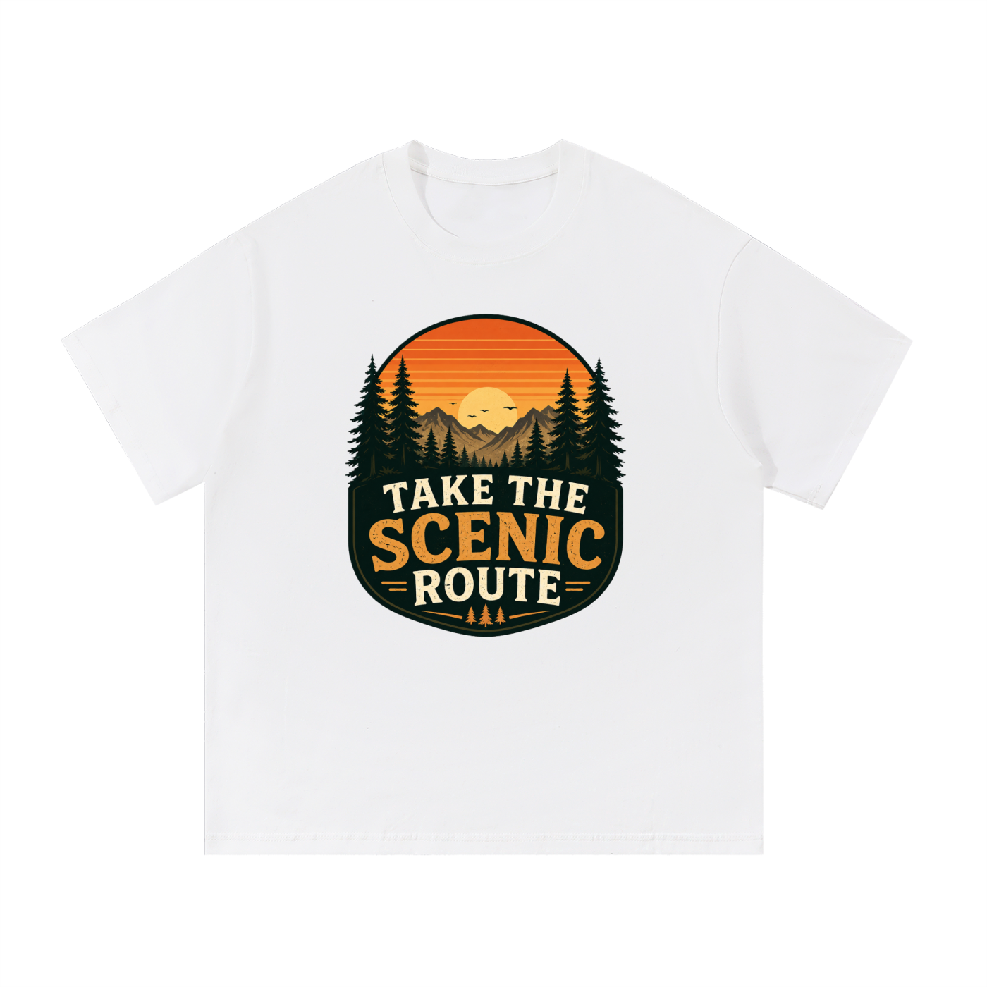 Take The Scenic Route Retro Sunset Badge Tee in White, flat lay.