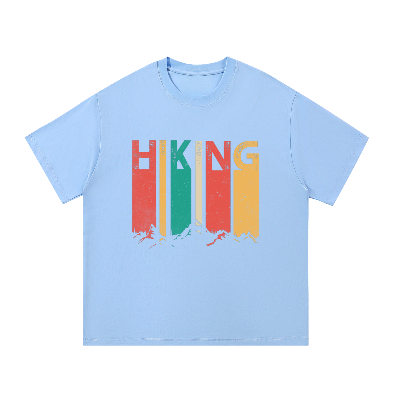 Hiking Retro Vintage Stripe Typography Tee in Blue, flat lay.
