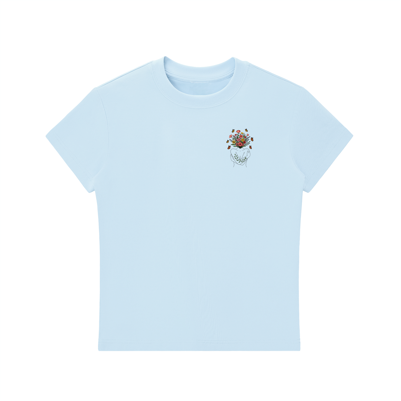 Wildflower Line Art Left-Chest Bodycon Tee in Blue, flat lay.