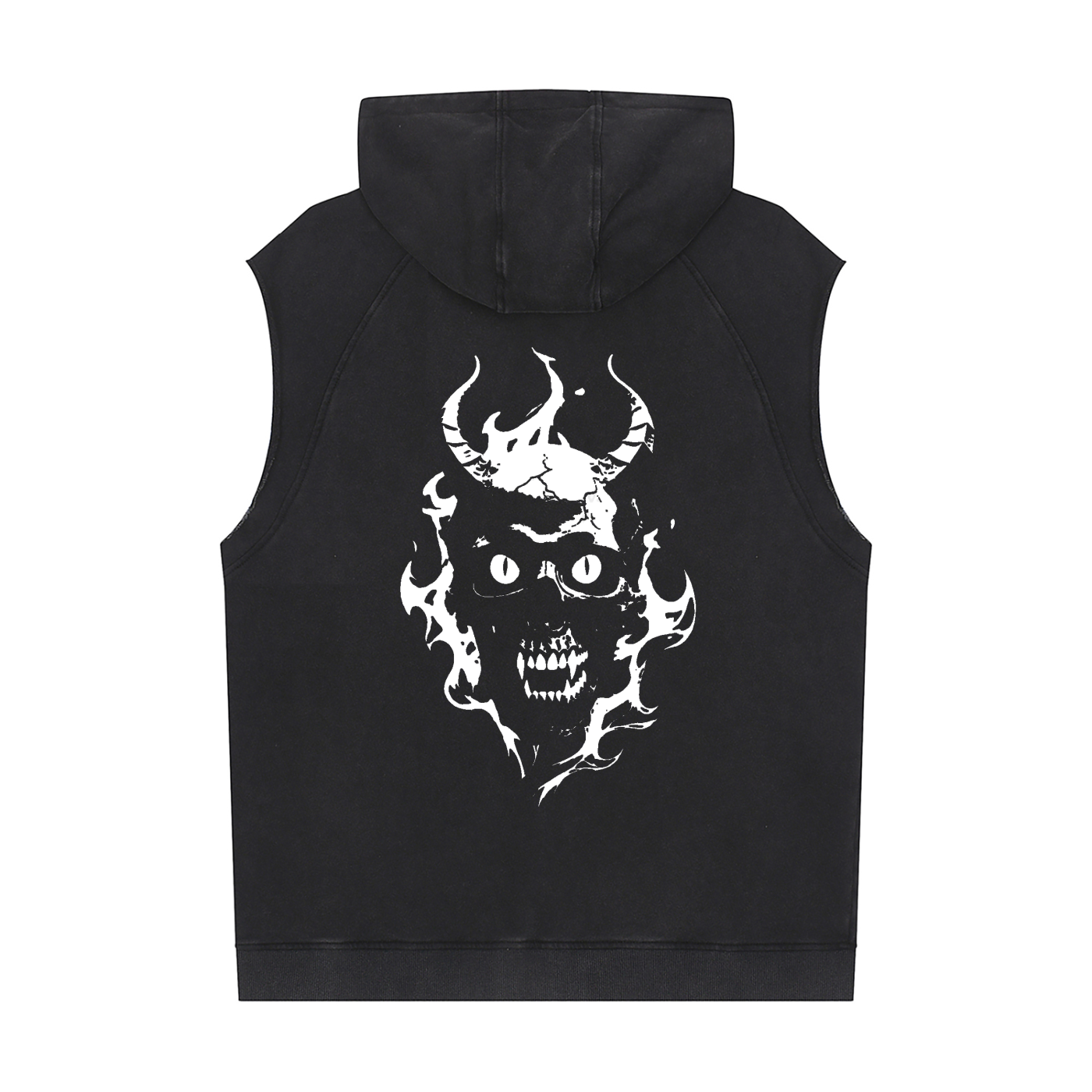 Wing Logo Snow-Washed Sleeveless Hoodie in Black, back view.