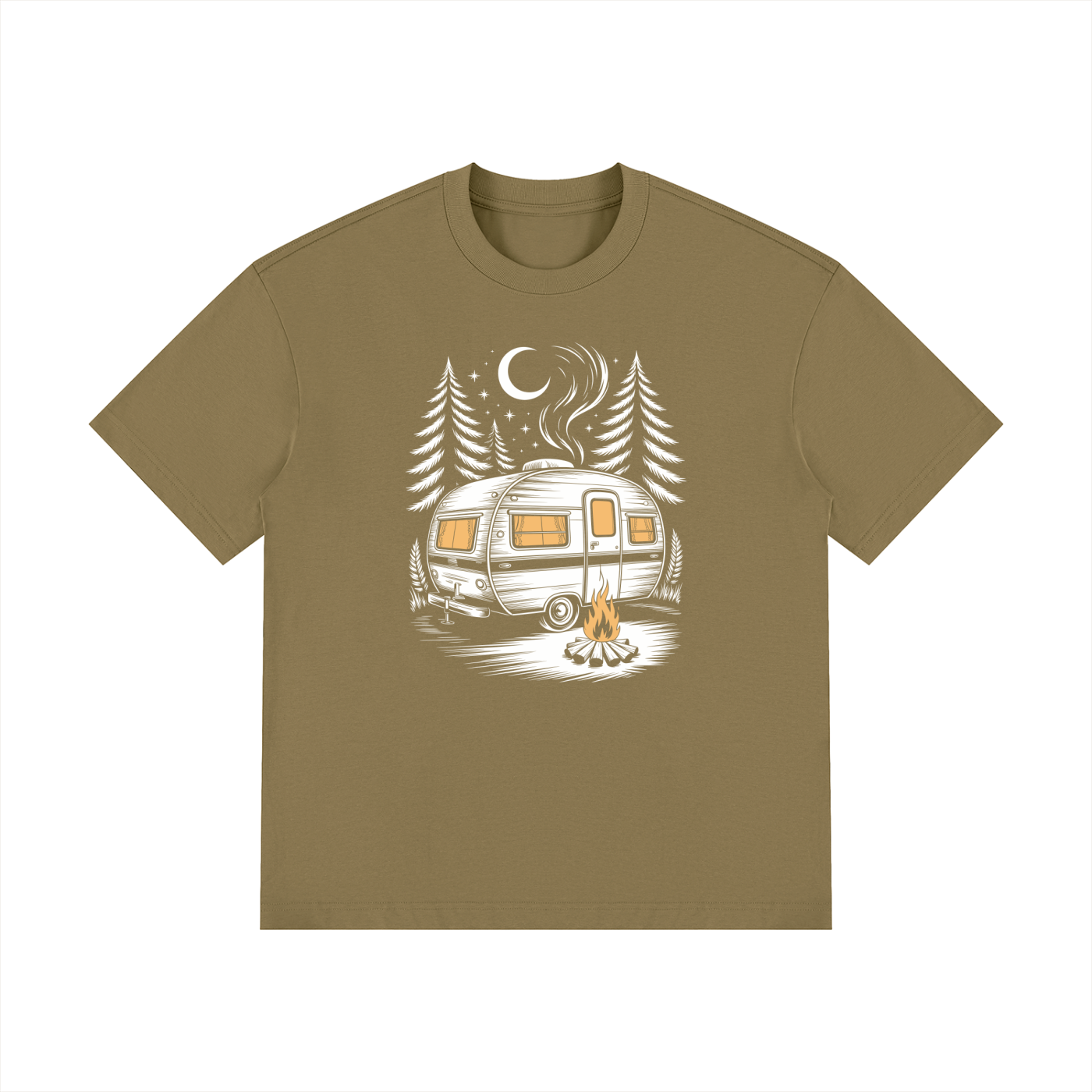 Night Camp Caravan Illustrated Cotton Tee in Coffee, flat lay.