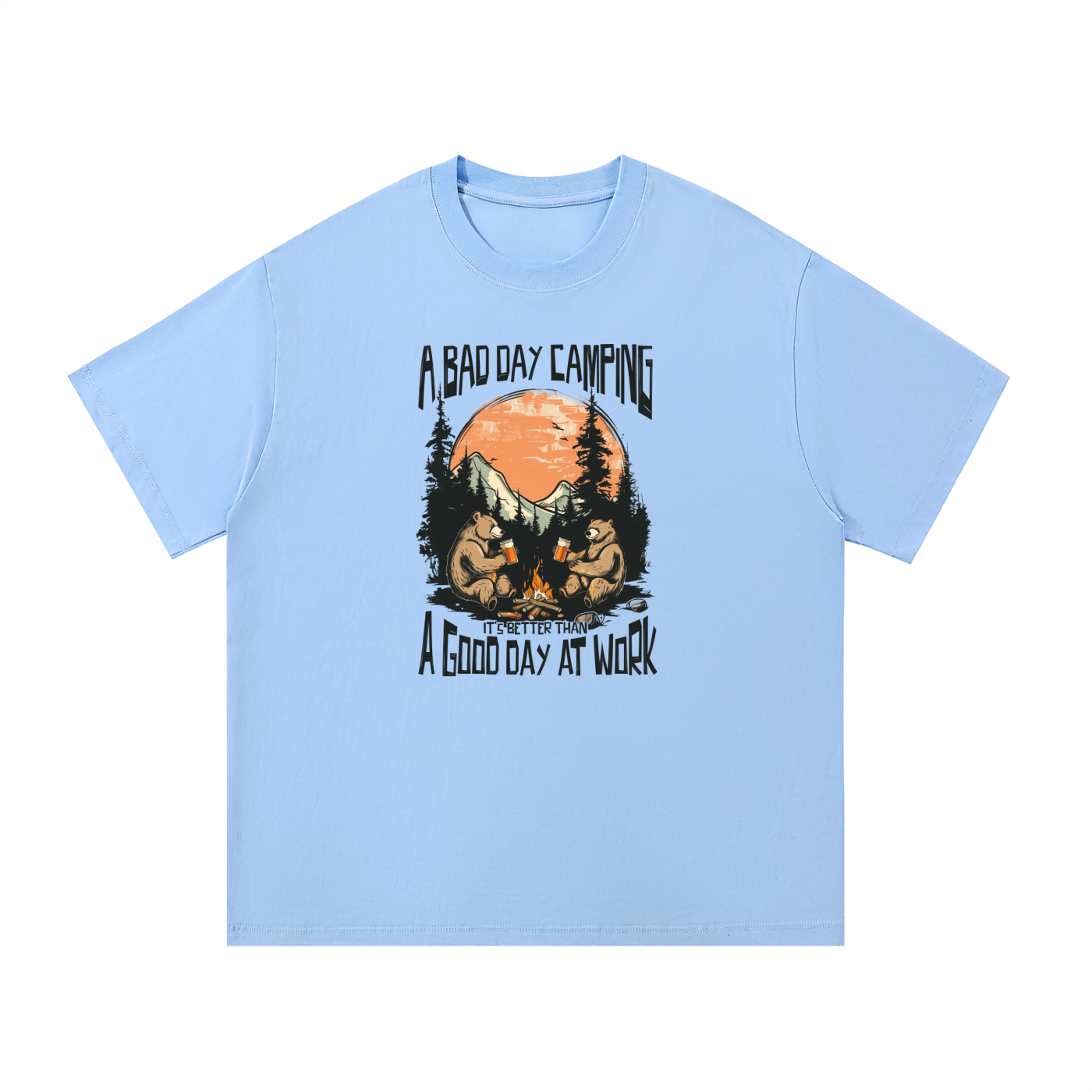 A Bad Day Camping Beats A Good Day At Work Tee in Blue, flat lay.