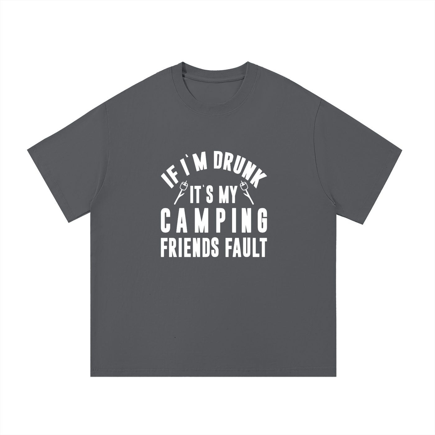 It's My Camping Friends' Fault Funny Tee in Dark Gray, flat lay.