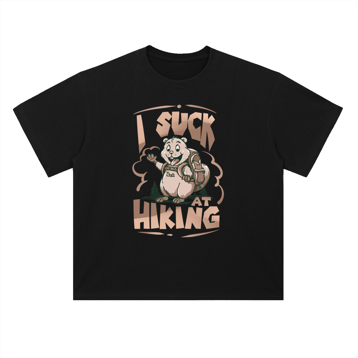 I Suck At Hiking Funny Cartoon Bear Tee in Classic Black, flat lay.