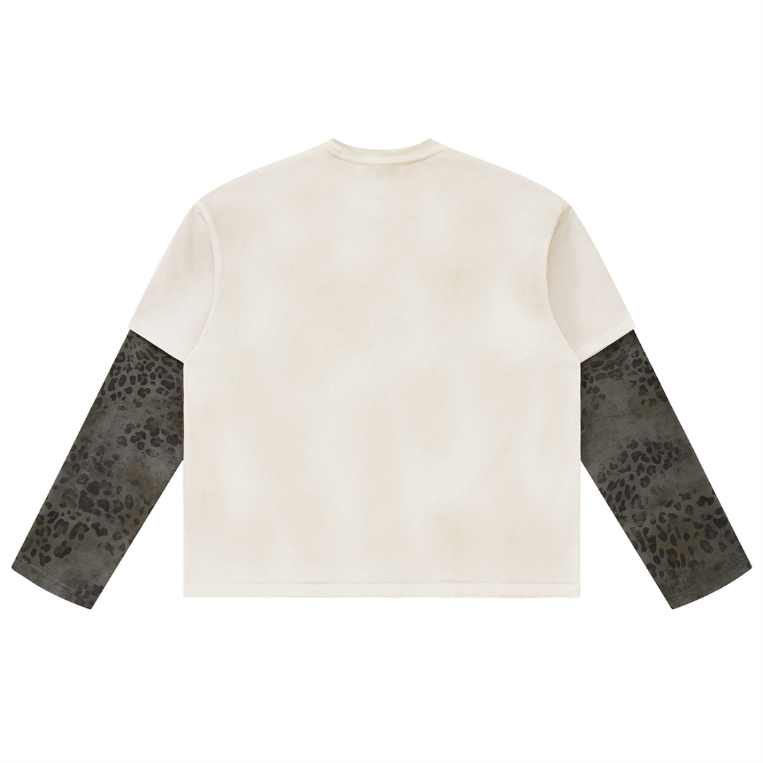 women hoddies  Vintage Wash Leopard Paneled Layer T-Shirt