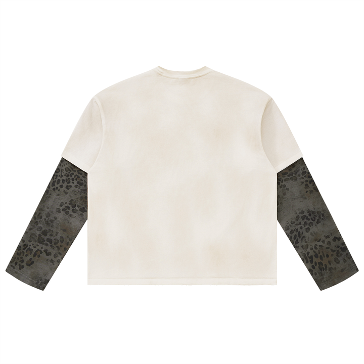 women hoddies  Vintage Wash Leopard Paneled Layer T-Shirt
