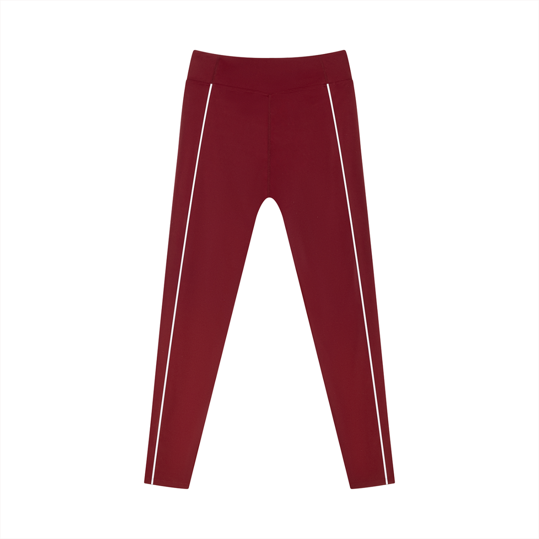 Wing Logo Contrast Piping High-Waist Leggings in Wine Red, back view.