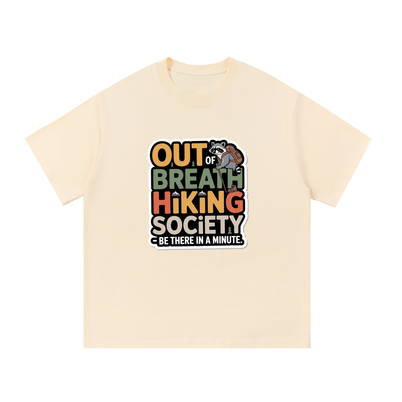Out Of Breath Hiking Society Funny Raccoon Tee in Apricot, flat lay.