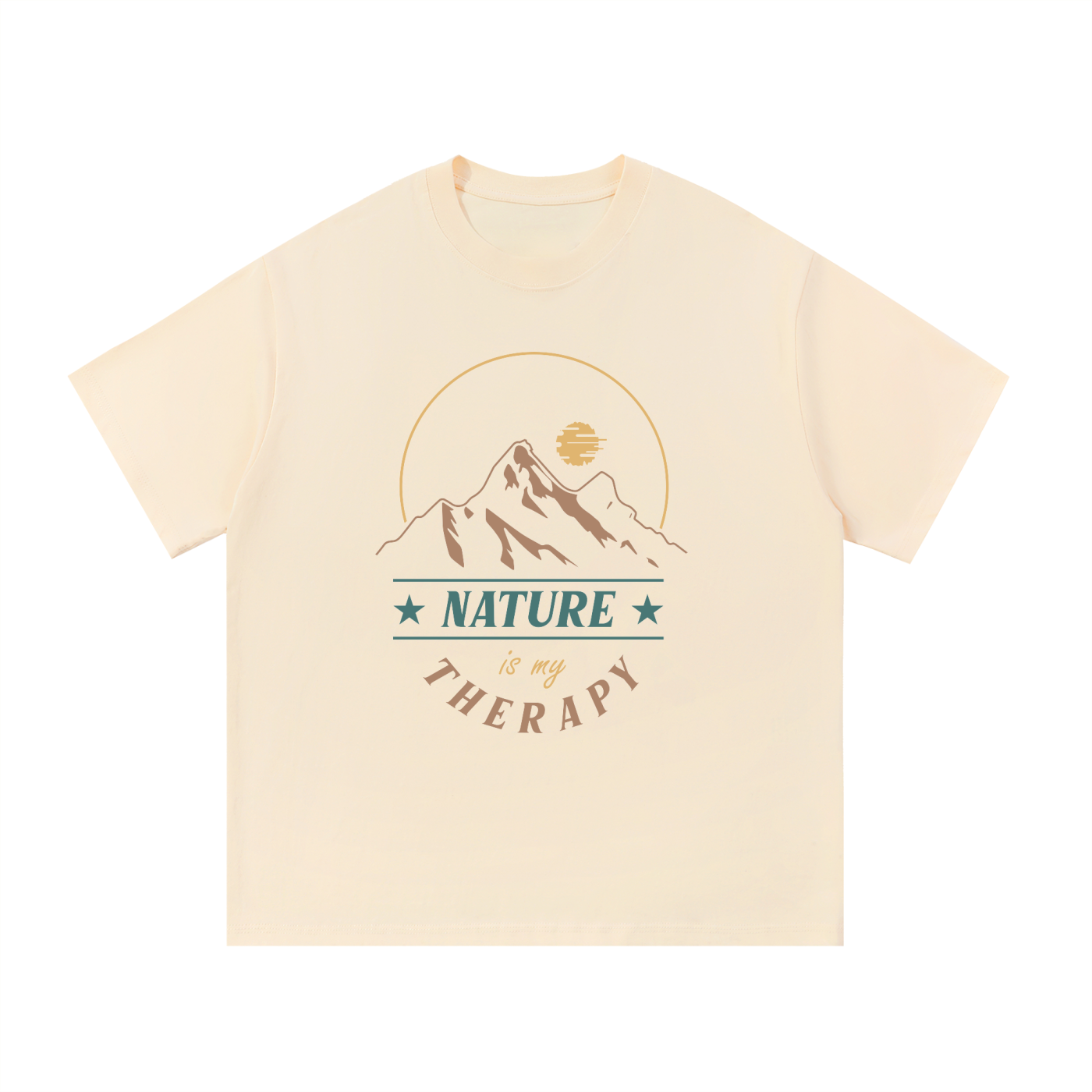 Nature Is My Therapy Mountain Sunrise Tee in Apricot, flat lay.