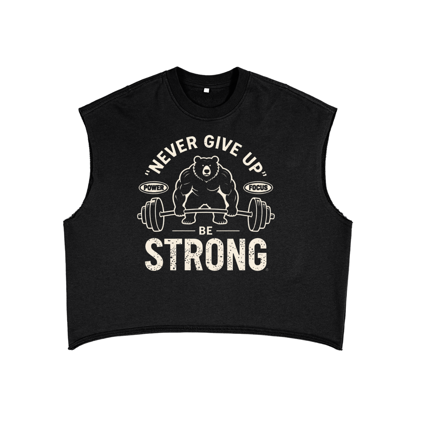 Never Give Up Weightlifting Bear Training Tank in Black, flat lay.