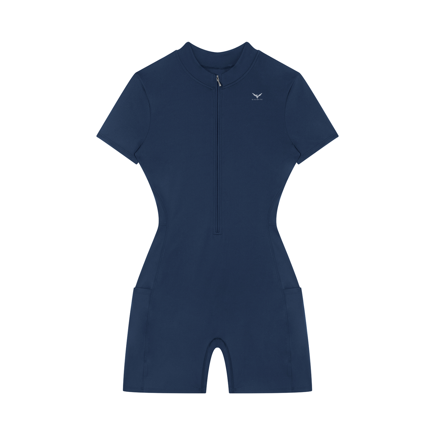 Wing Logo Quarter-Zip Short Sleeve Romper in Navy Blue, flat lay.