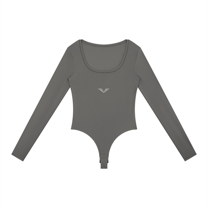 Wing Logo Long Sleeve Yoga Bodysuit in Gray, flat lay.