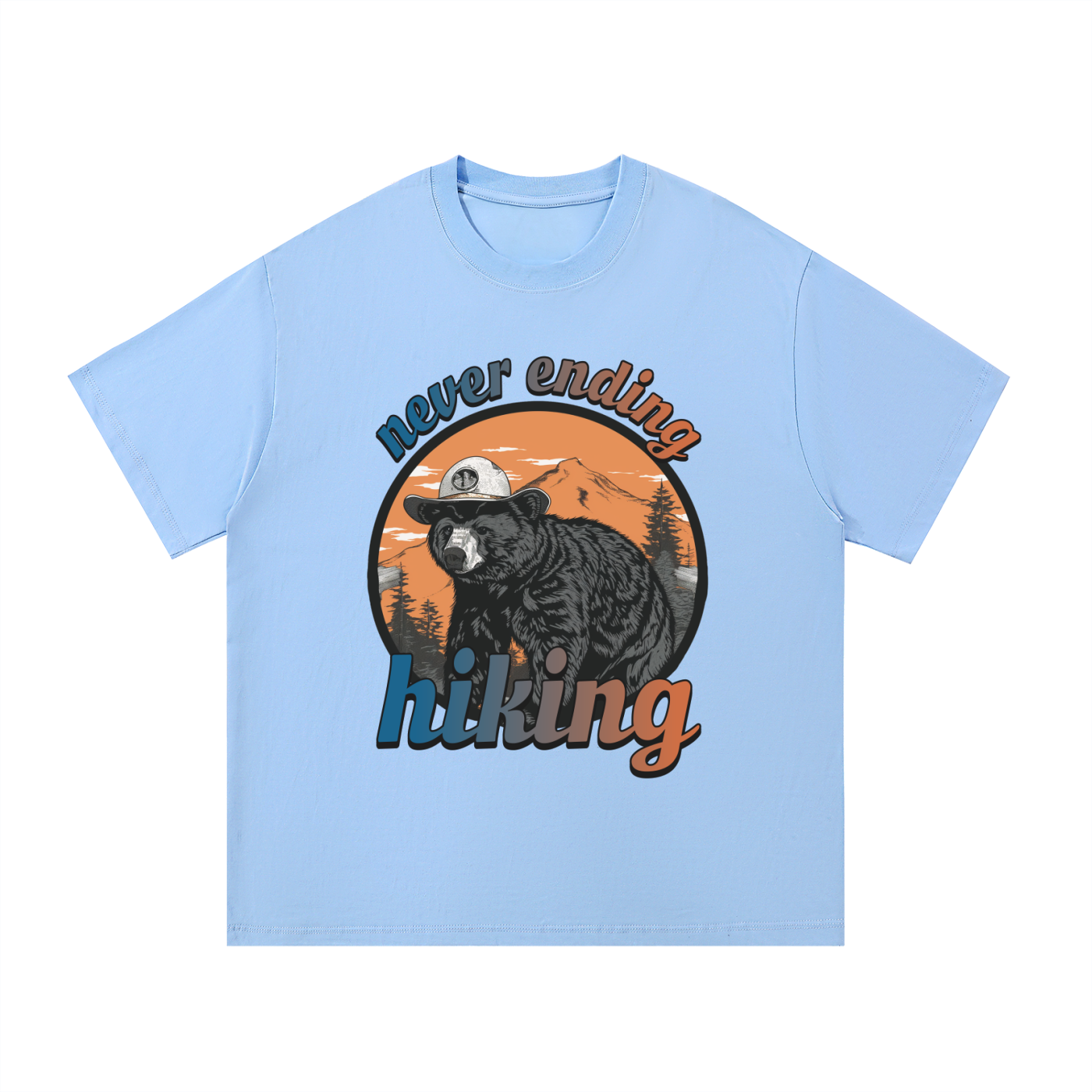 Never Ending Hiking Retro Bear Cotton Tee in Blue, flat lay.