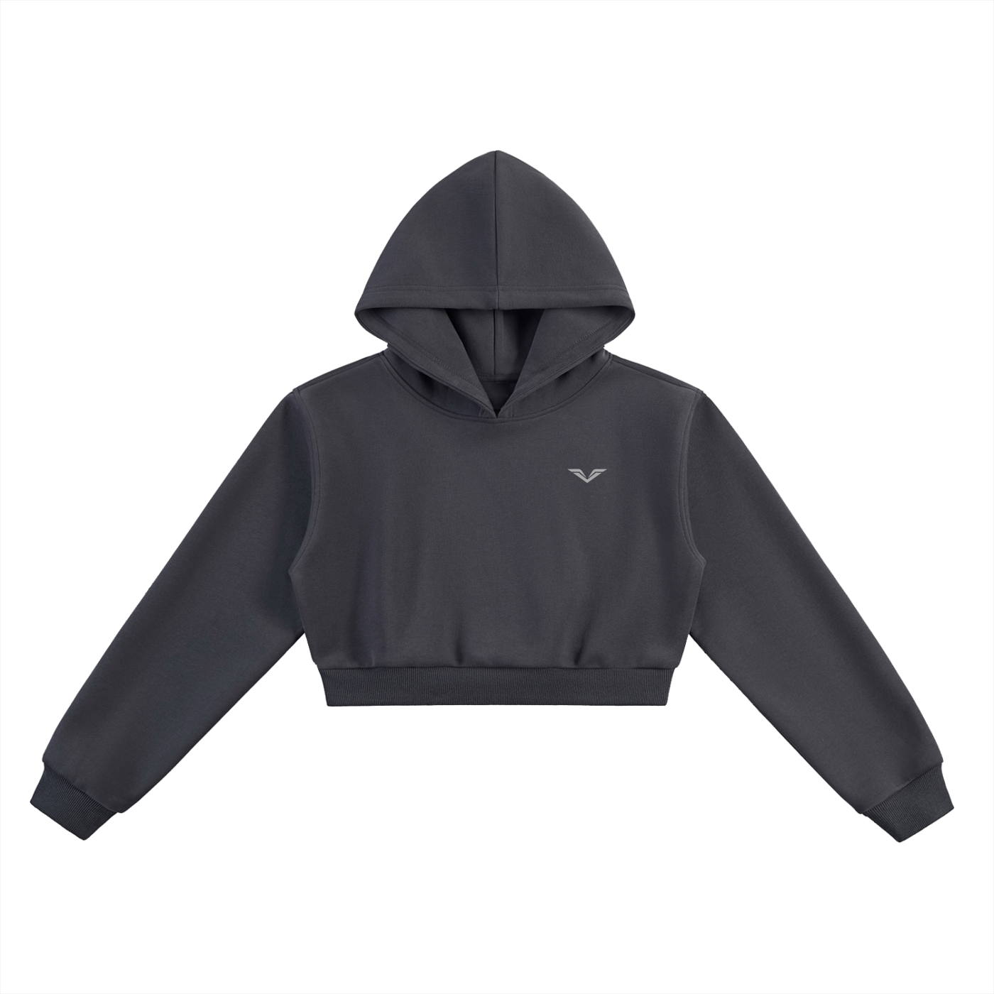 Wing Logo Essential Cropped Hoodie in Charcoal Gray, flat lay.