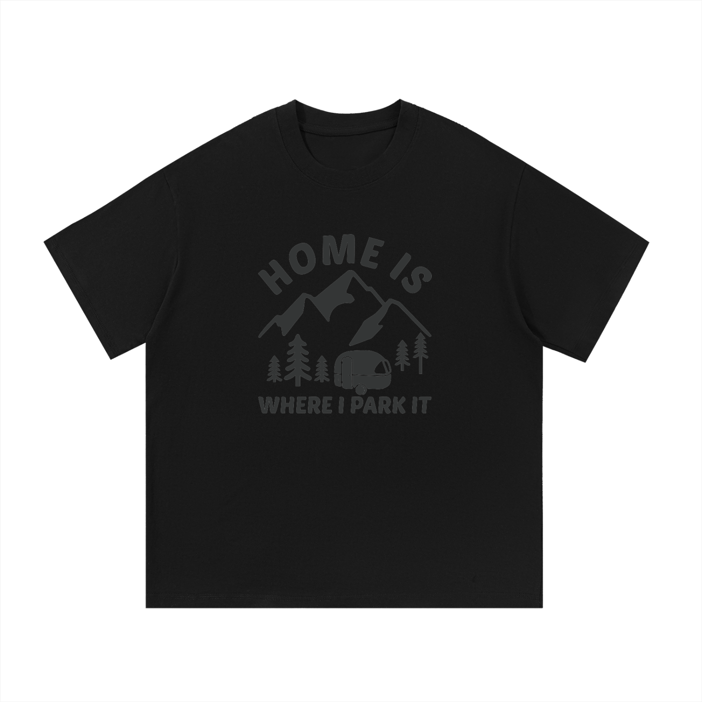 Home Is Where I Park It Tonal Caravan Tee in Black, flat lay.