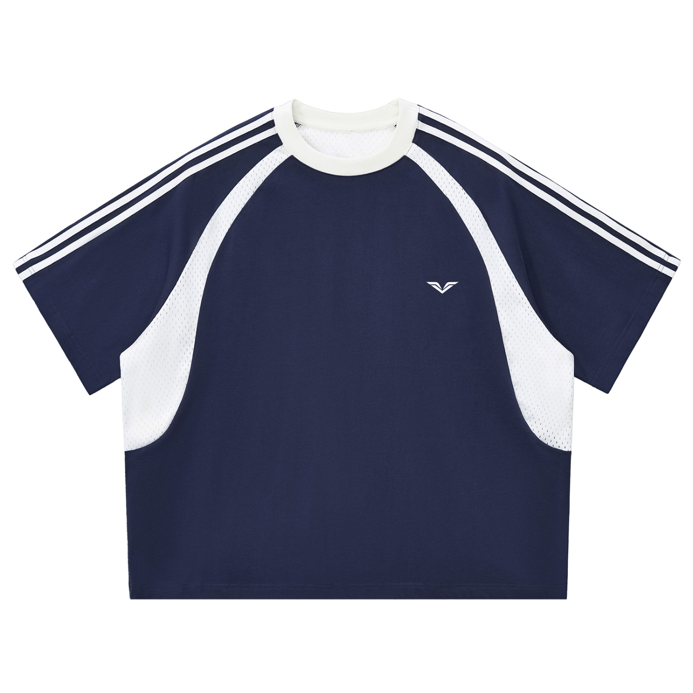 Wing Logo Contrast Stripe Mesh Panel Tee in Royal Blue with White, flat lay.