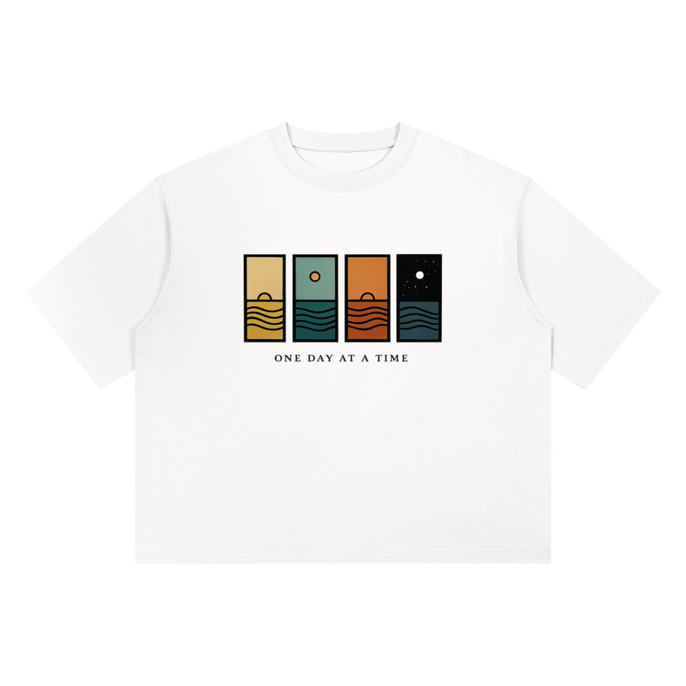 One Day At A Time Mid-Century Sunset Panel Tee in White, flat lay.
