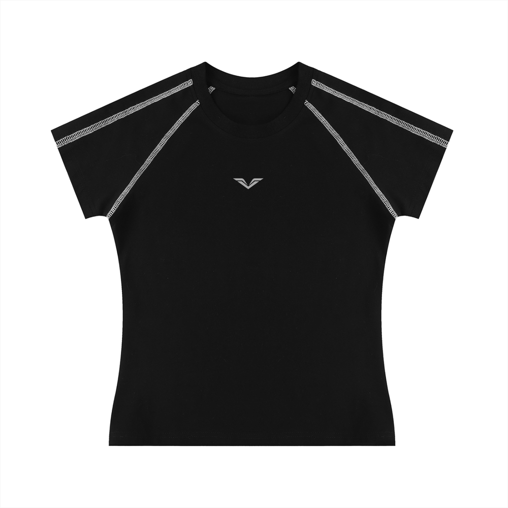 Wing Logo Contrast Stitch Raglan Tee in Black, flat lay.
