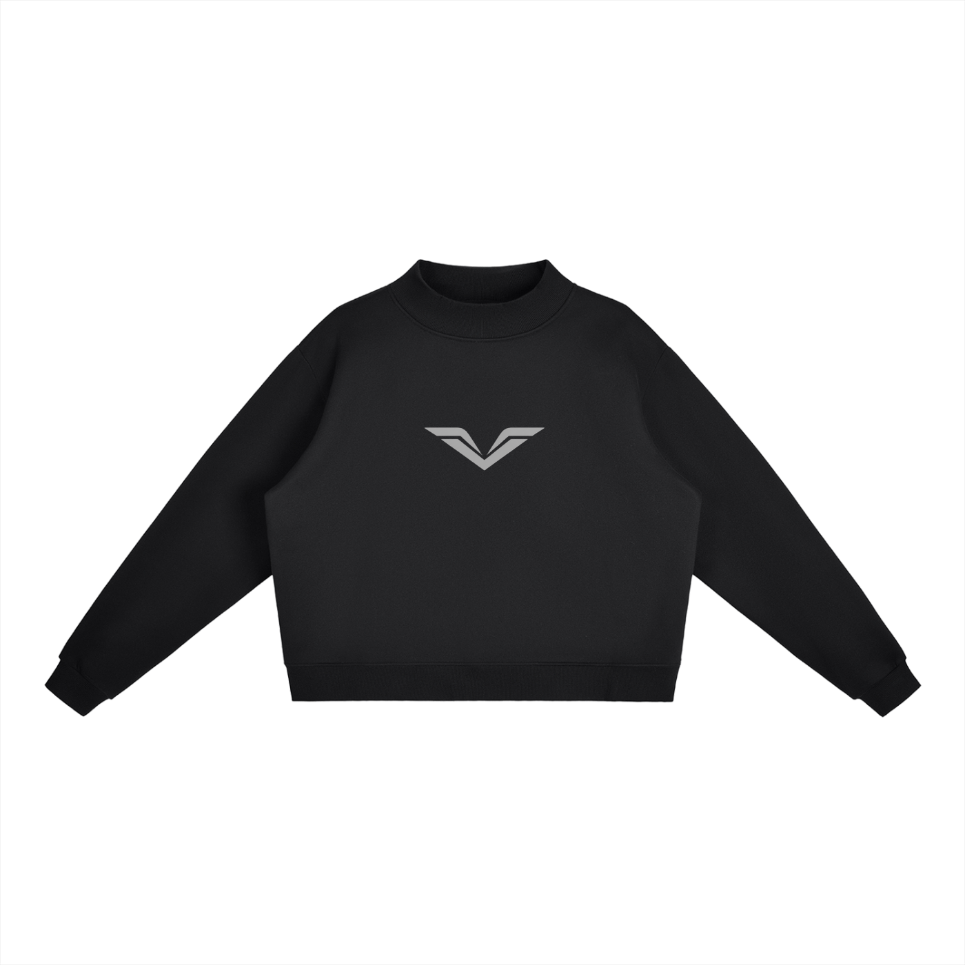 Wing Logo Fleece Mock Neck Sweatshirt in Black, flat lay.