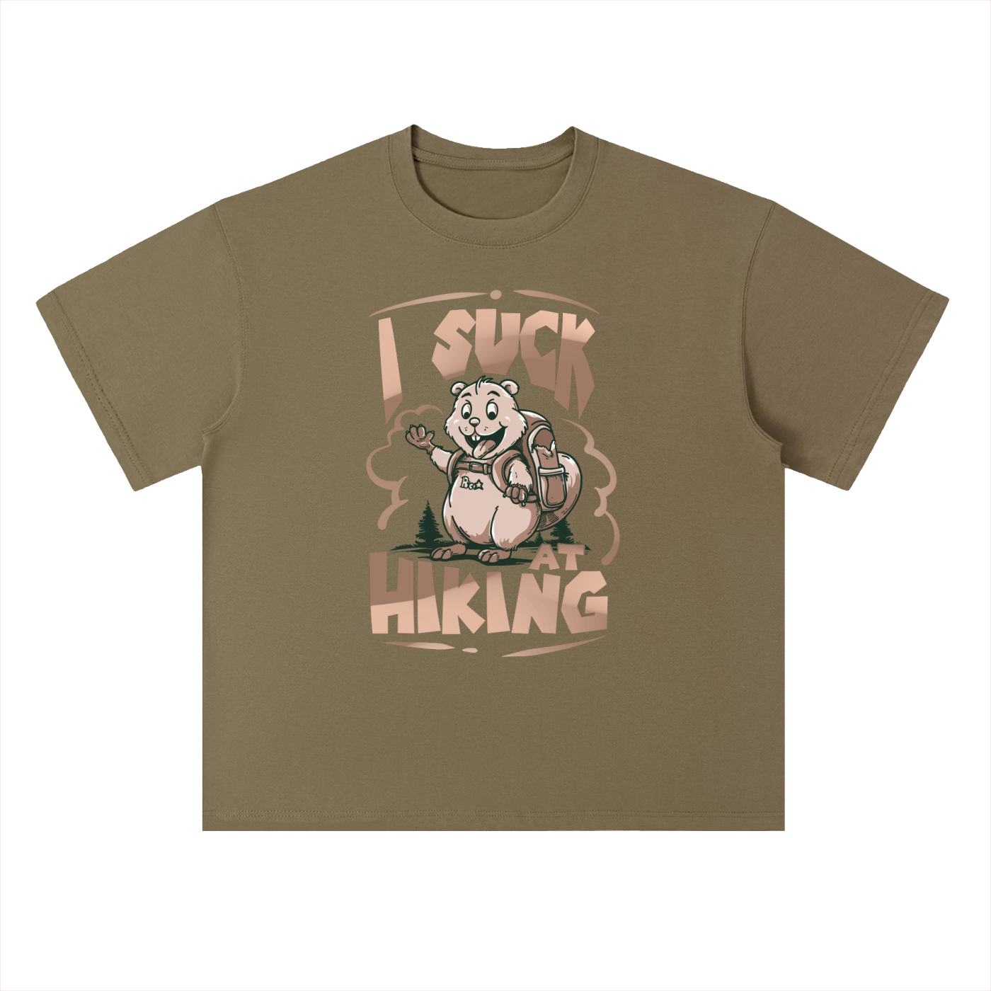 I Suck At Hiking Funny Cartoon Bear Tee in Deep Khaki, flat lay.