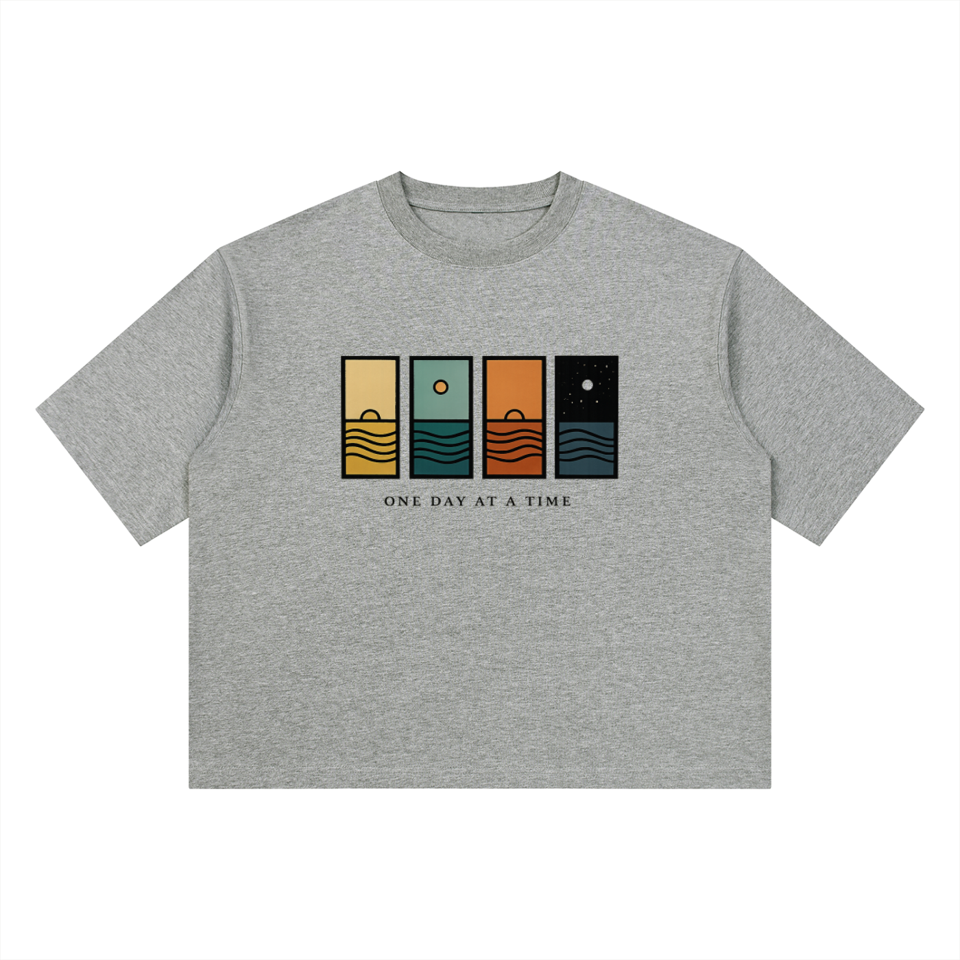 One Day At A Time Mid-Century Sunset Panel Tee in Flower Gray, flat lay.