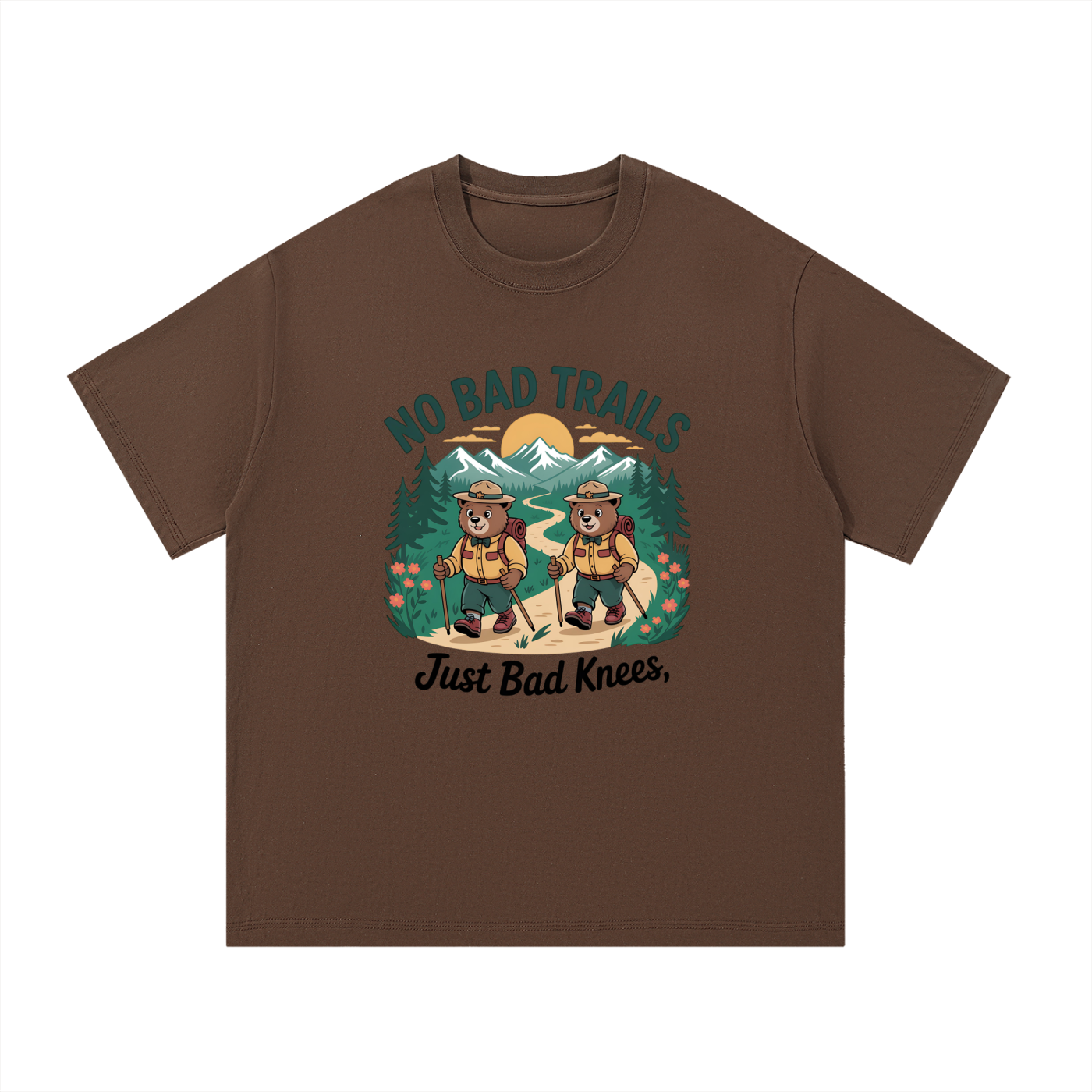 No Bad Trails Just Bad Knees Ranger Bear Tee in Coffee, flat lay.