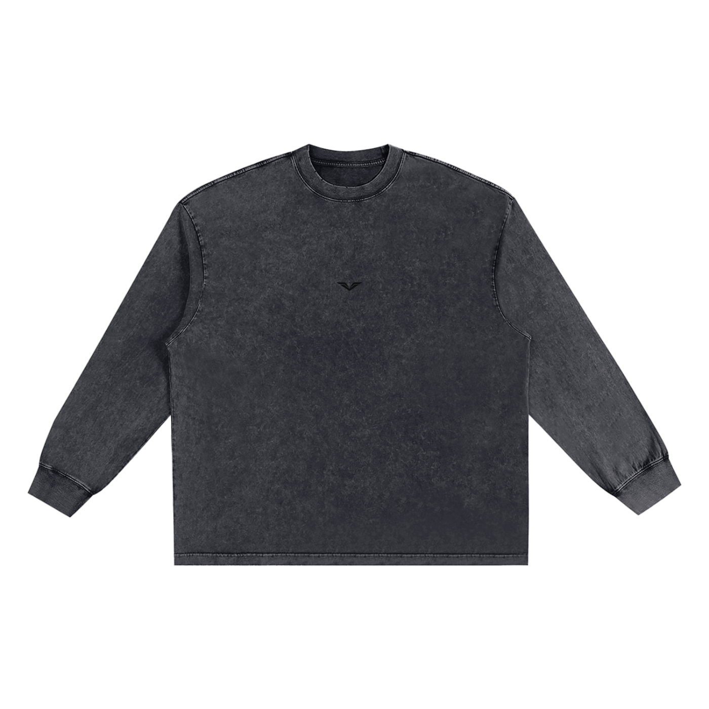 Wing Logo Snow-Washed Frayed Long Sleeve Tee in Black, flat lay.
