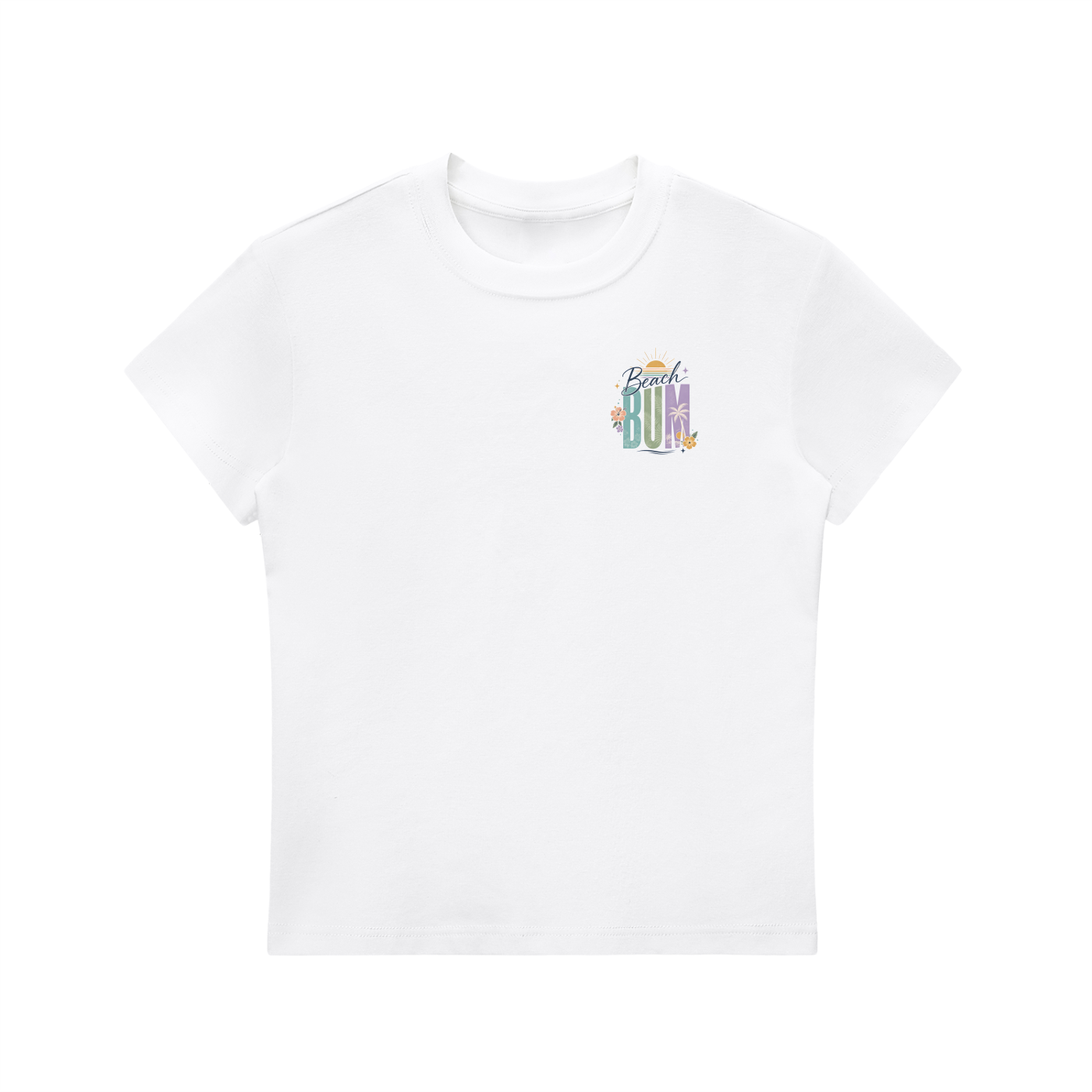 Beach Bum Left-Chest Summer Bodycon Tee in White, flat lay.