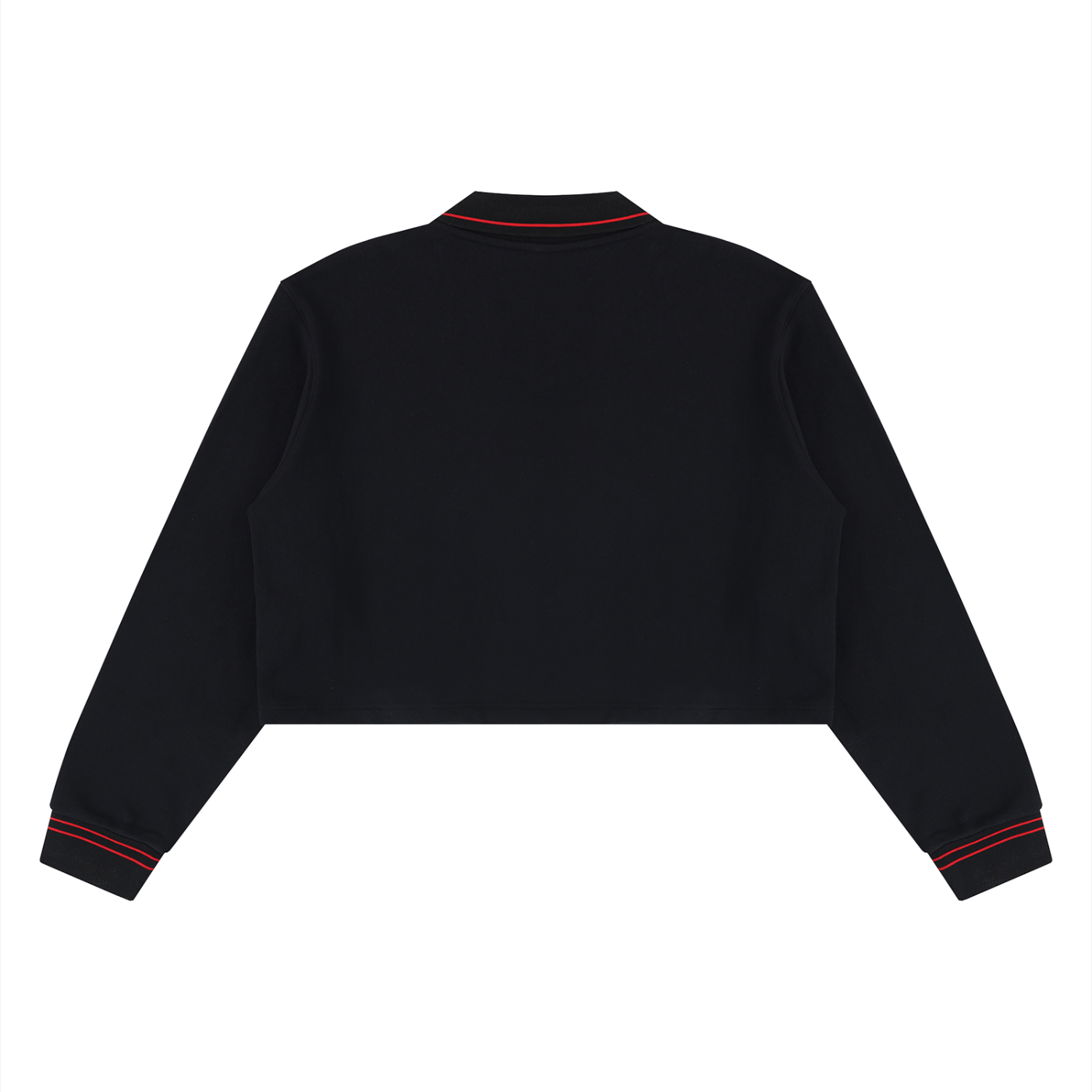 Contrast Tipped Collared Crop Sweatshirt in Black, back view.