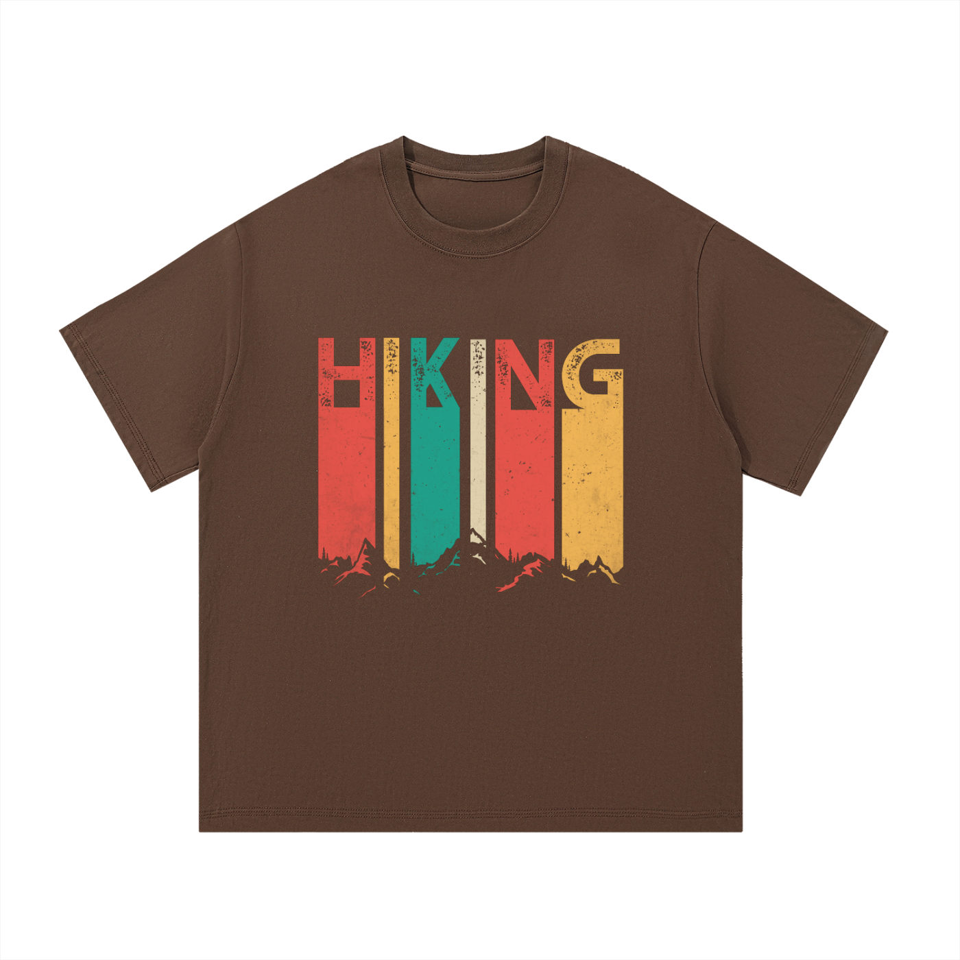 Hiking Retro Vintage Stripe Typography Tee in Coffee, flat lay.