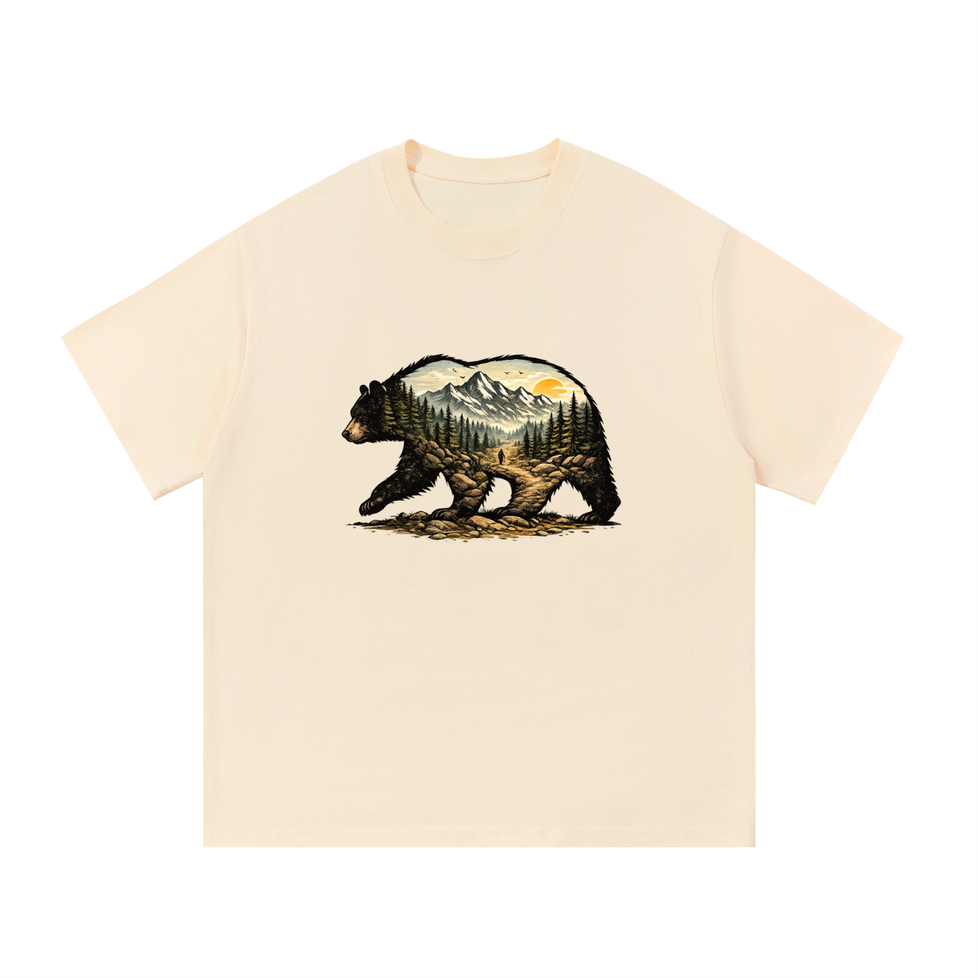 Bear Double Exposure Mountain Landscape Tee in Apricot, flat lay.