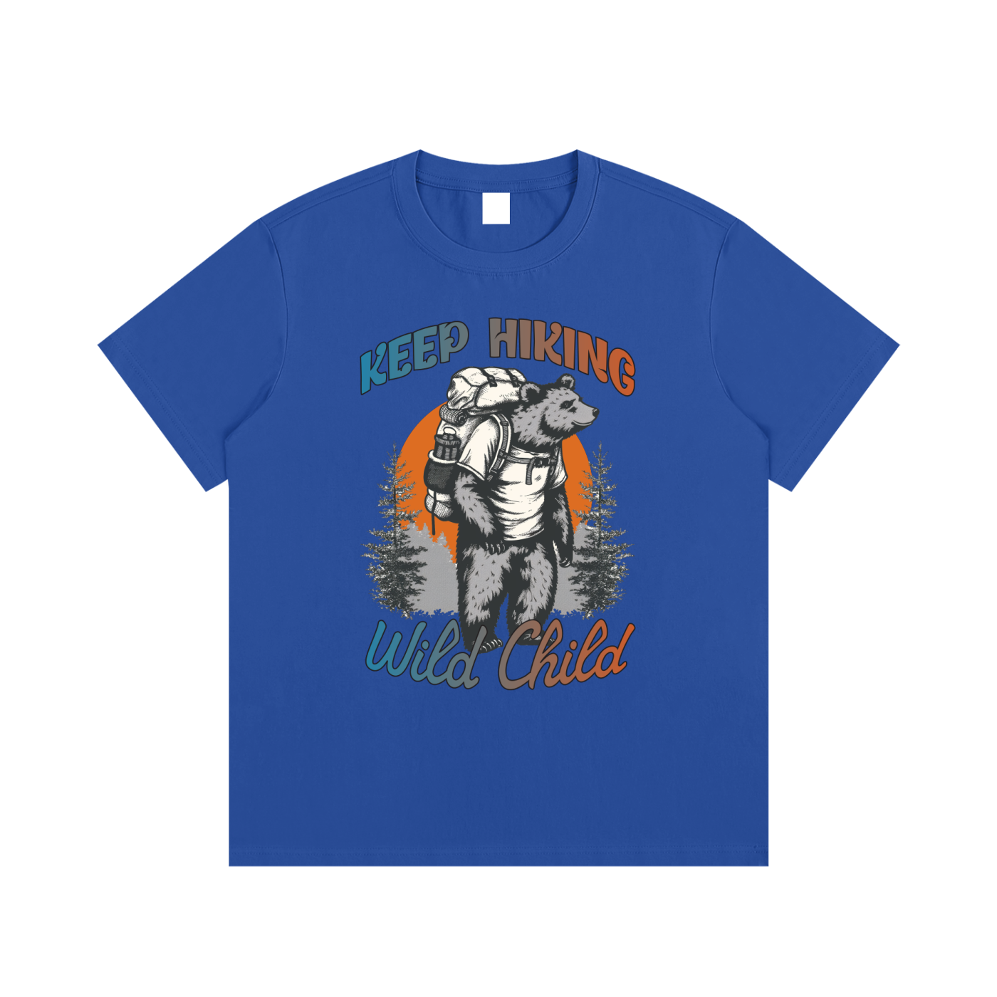Keep Hiking Wild Child Backpacking Bear Tee in Colorful Blue, flat lay.