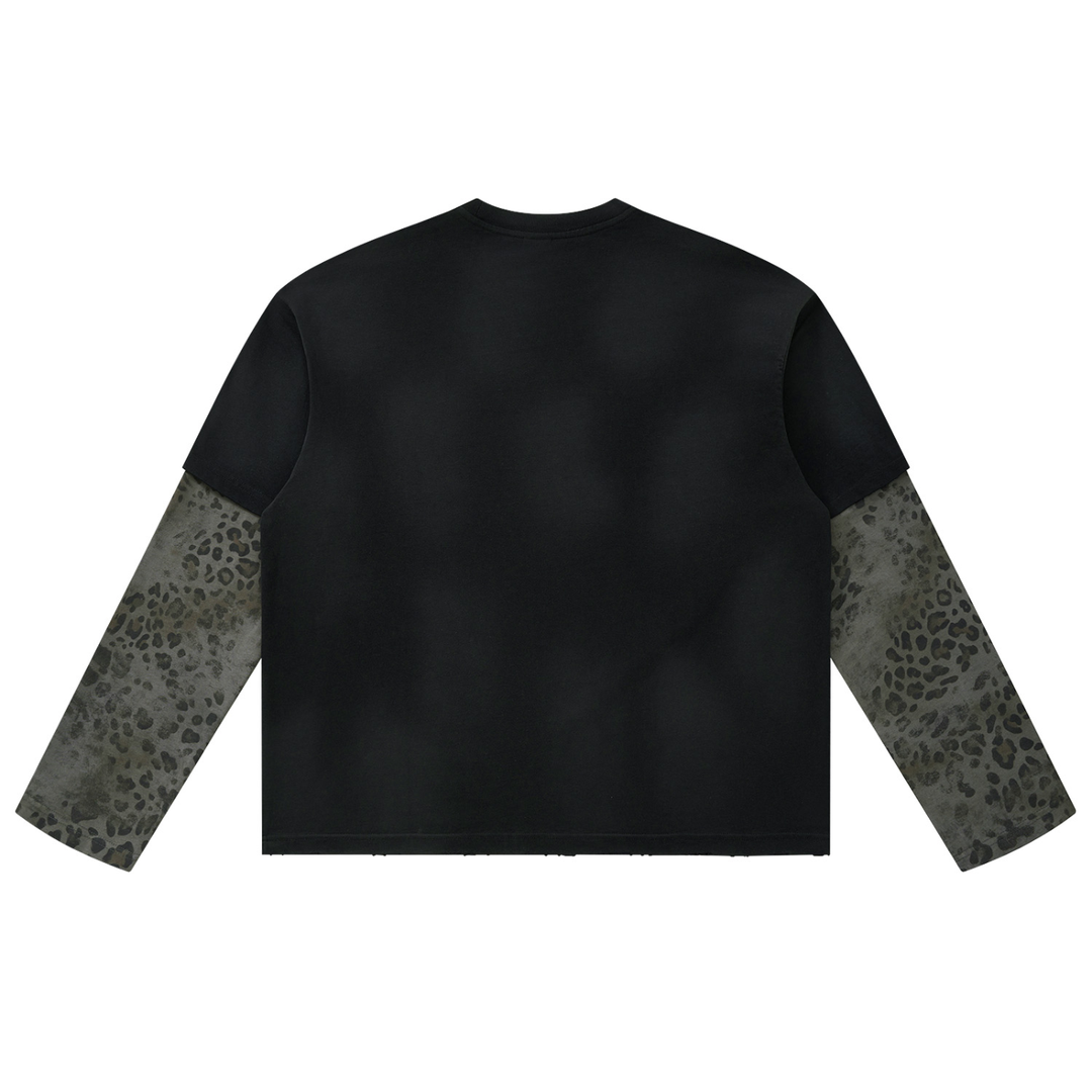 women hoddies  Vintage Wash Leopard Paneled Layer T-Shirt