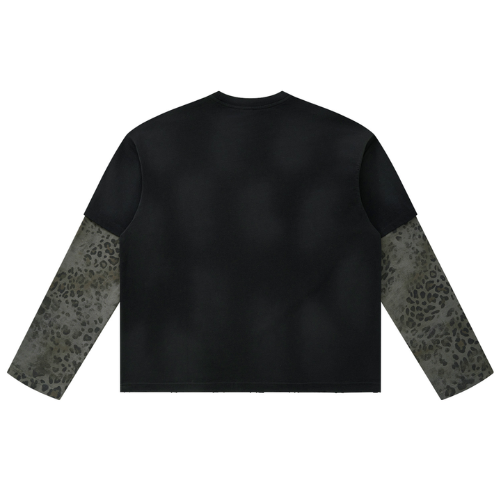 women hoddies  Vintage Wash Leopard Paneled Layer T-Shirt