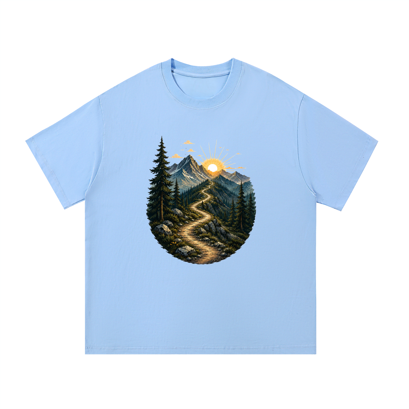 Mountain Trail Sunrise Illustrated Cotton Tee in Blue, flat lay.
