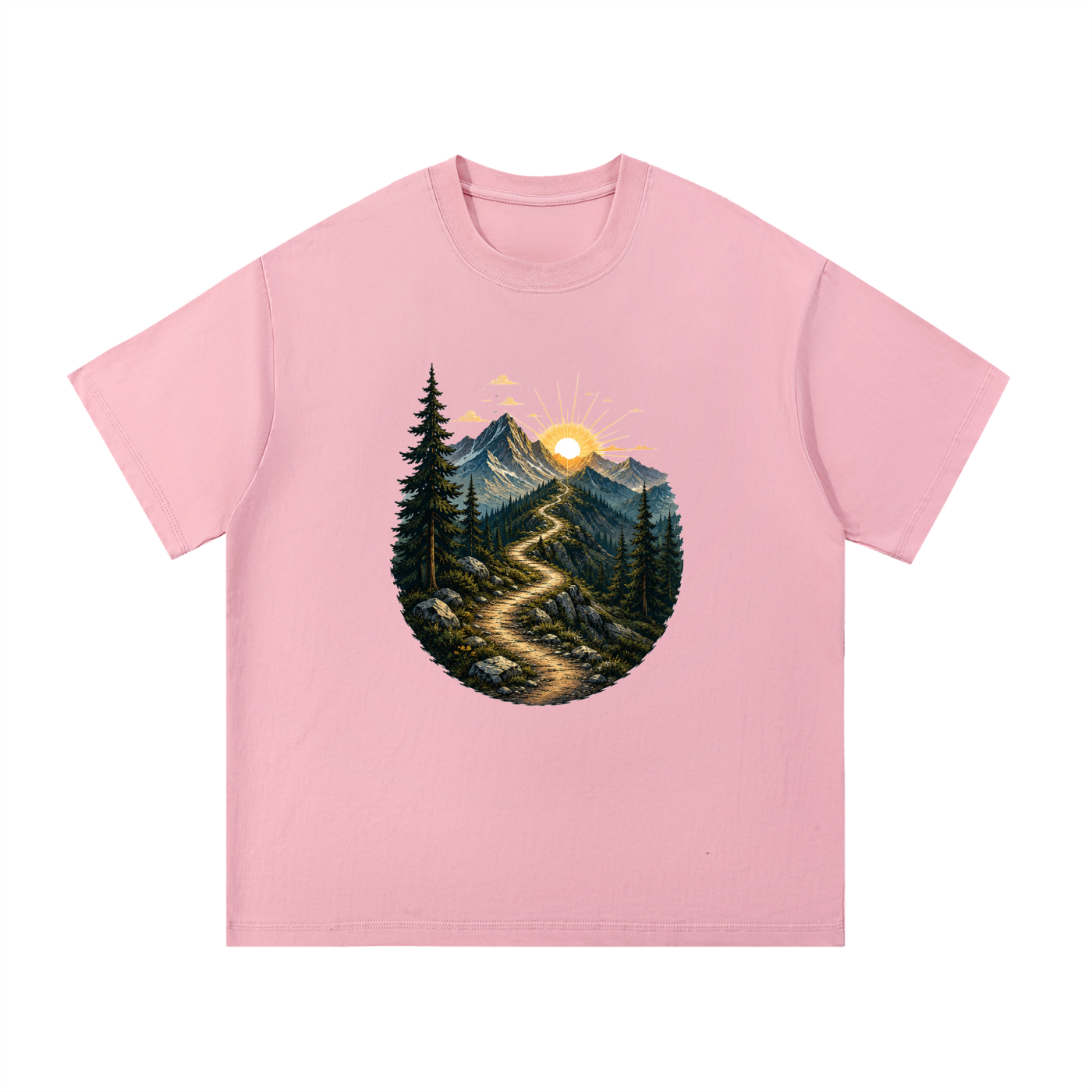 Mountain Trail Sunrise Illustrated Cotton Tee in Pink, flat lay.