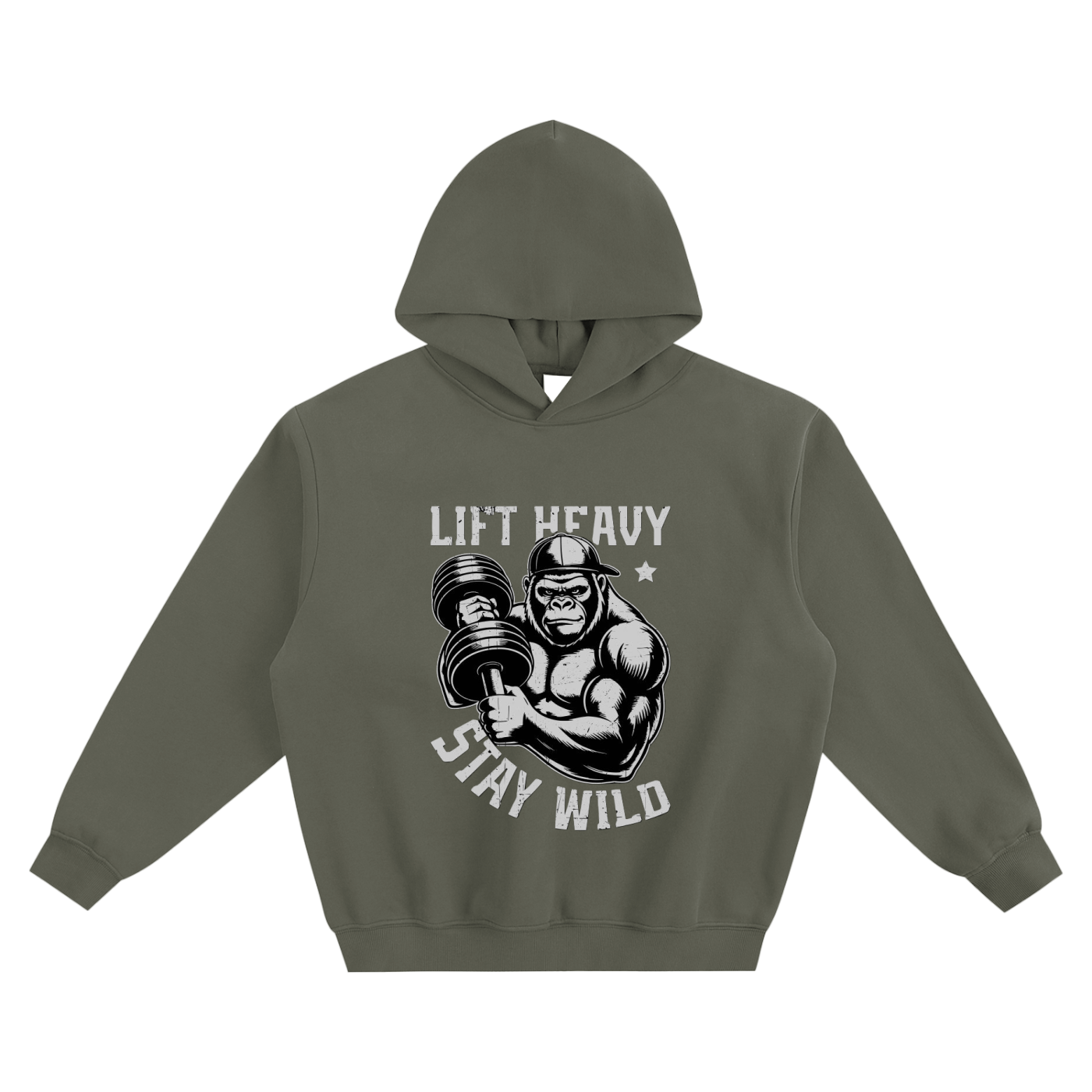 Lift Heavy Stay Wild Gorilla Weightlifting Hoodie in Dark Gray, flat lay.