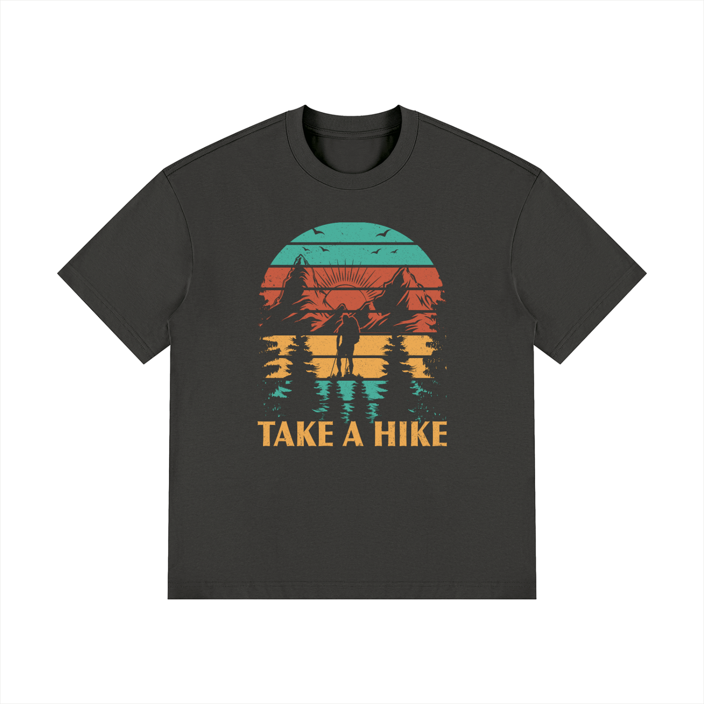 Take A Hike Retro Sunset Mountain Tee in Dark Gray, flat lay.
