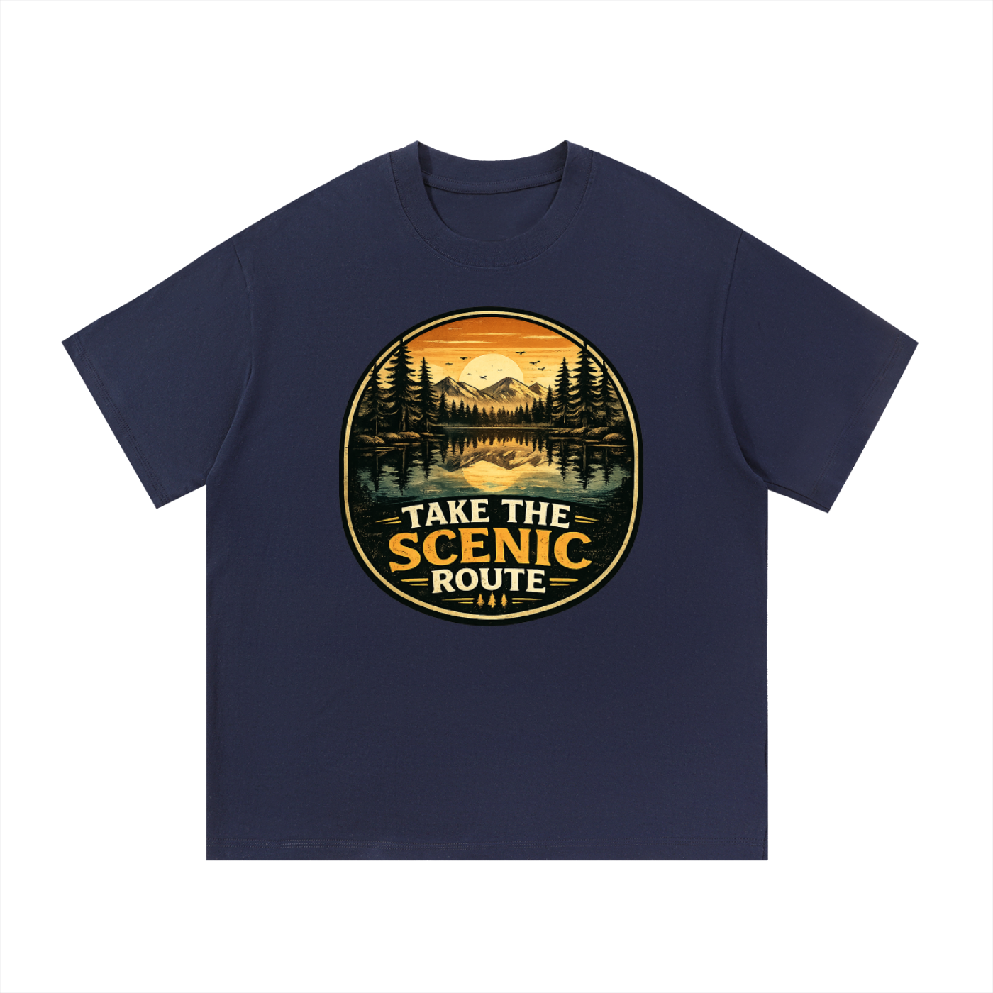 Take The Scenic Route Vintage Lake Badge Tee in Navy Blue, flat lay.