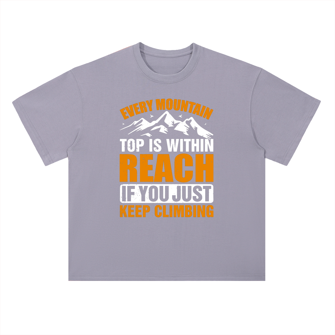 Every Mountain Top Is Within Reach Climbing Tee in Light Purple, flat lay.