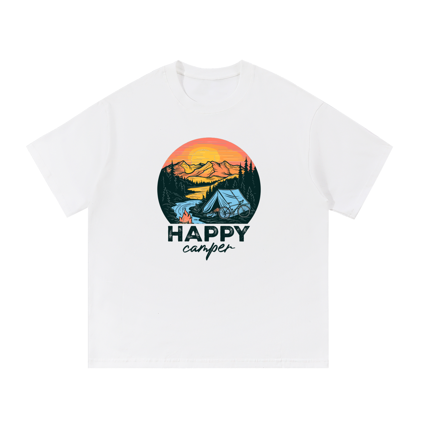 Happy Camper Sunset Tent Illustrated Tee in White, flat lay.