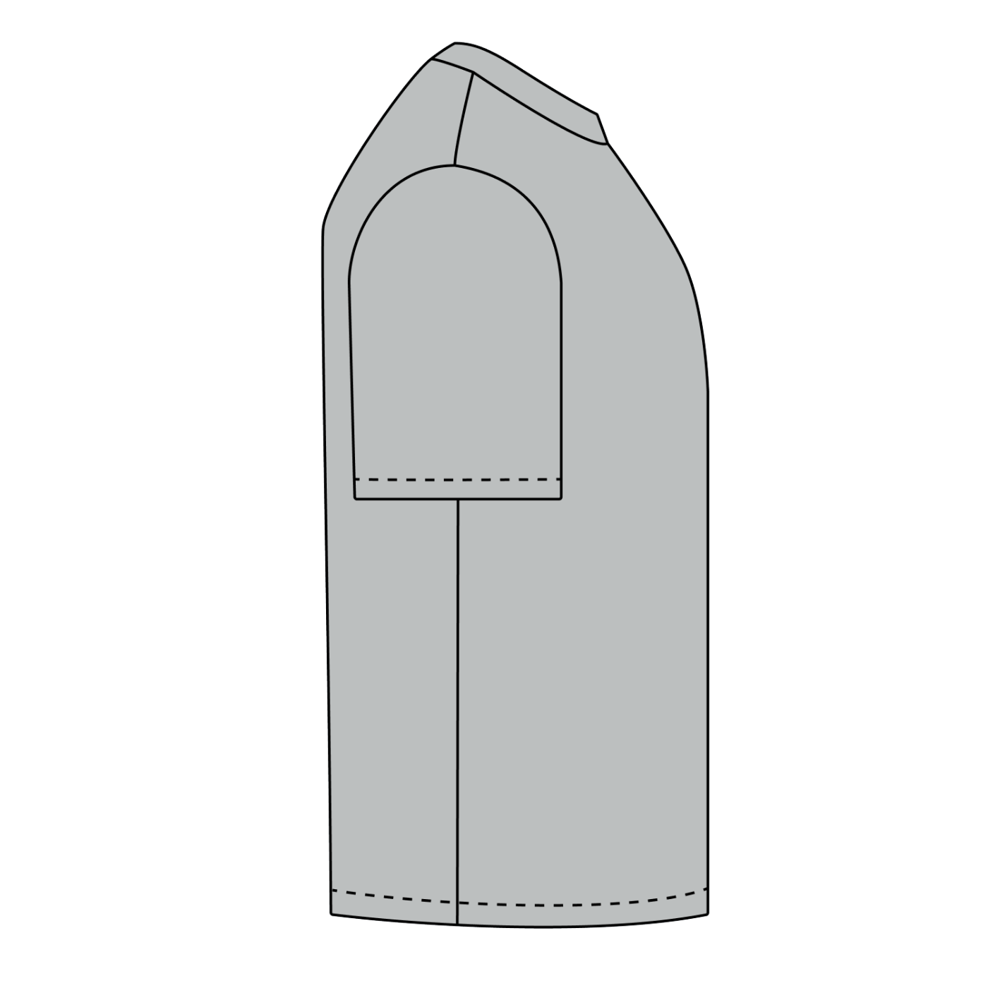Official Bigfoot Research Team Retro Sunset Tee in Gray, technical side-view drawing.