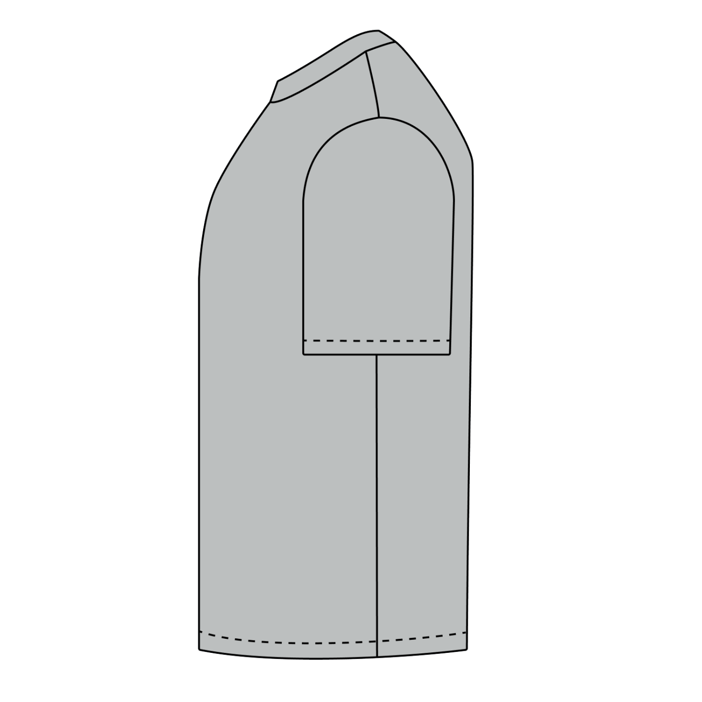 Official Bigfoot Research Team Retro Sunset Tee in Gray, technical side-view drawing.