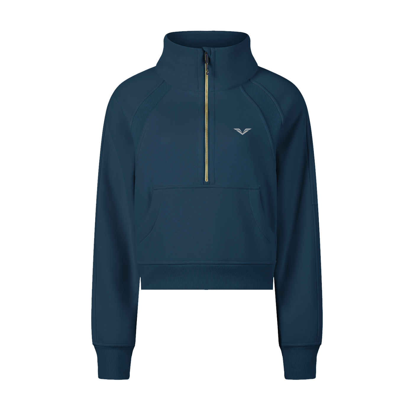 Wing Logo Cropped Half-Zip Hooded Sweatshirt in Navy Blue, flat lay.