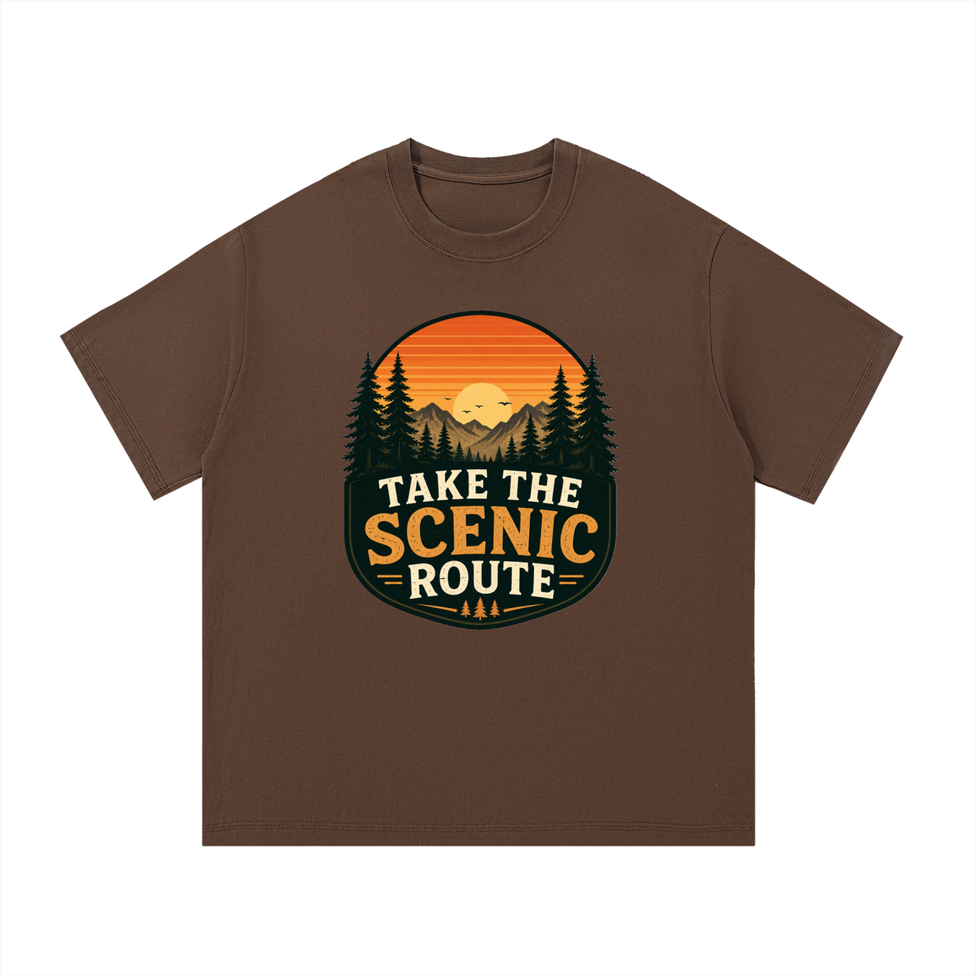 Take The Scenic Route Retro Sunset Badge Tee in Coffee, flat lay.
