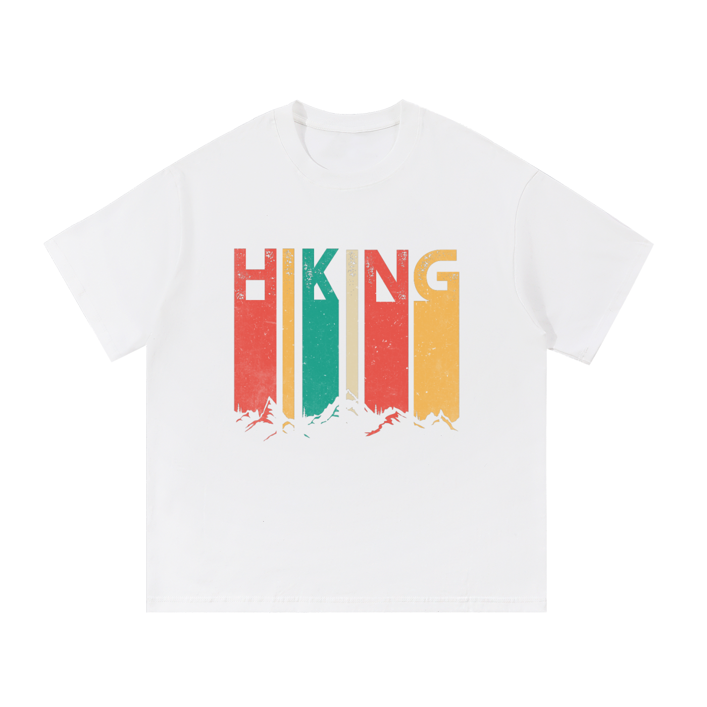 Hiking Retro Vintage Stripe Typography Tee in White, flat lay.