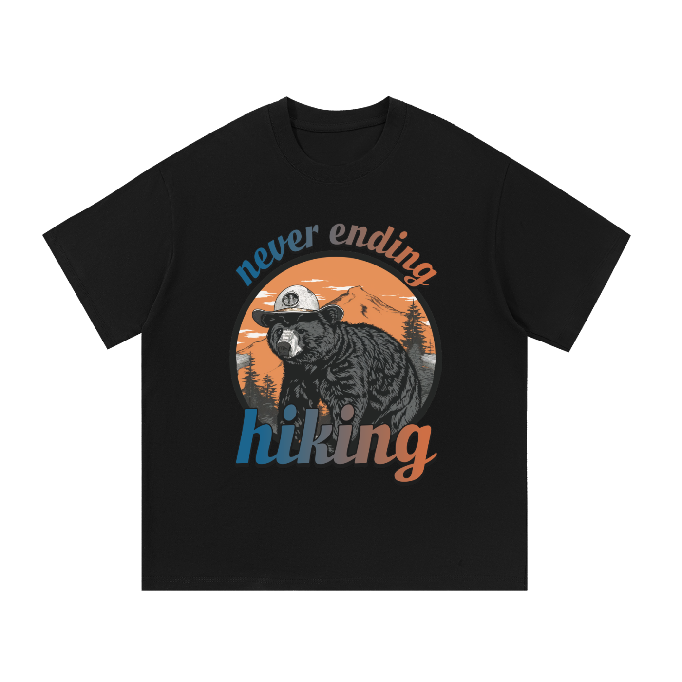 Never Ending Hiking Retro Bear Cotton Tee in Black, flat lay.